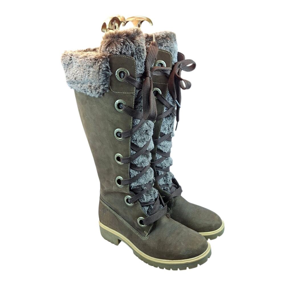 Timberland Knee High Boots Womens US 8M Brown Leather Fur Collar Lace Up Winter